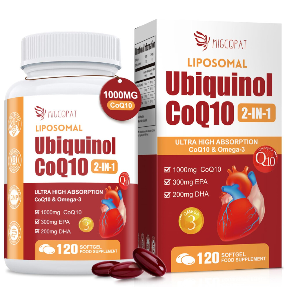 Migcopat 1000Mg Liposomal Coq10 Ubiquinol With Omega-3 Softgels, Advanced Coenzyme Q10 High Strength & Absorption, Naturally Fermented Coq10 Supplement For An