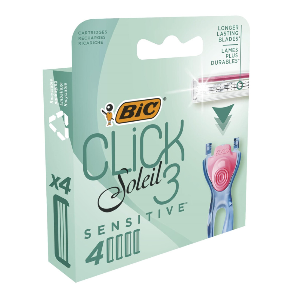 Bic Click 3 Soleil Sensitive Women's Razor Refills, 3 Moveable Blades And Lubricating Strip - Box Of 4 Cartridges