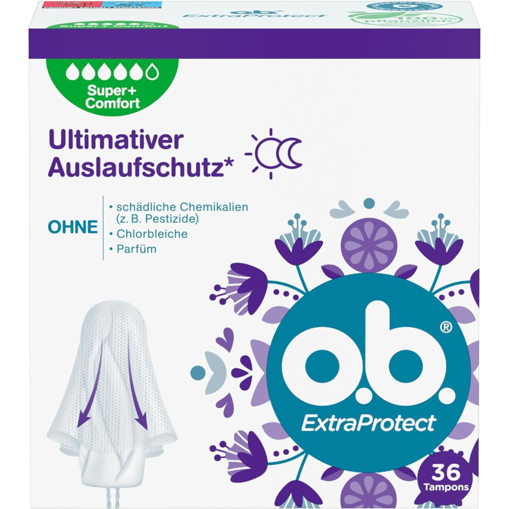 O.b. Extraprotect Super + Comfort (Pack Of 36), Tampons For Very Strong Days, Dynamic Fit Technology & Extra Protective Wings For Up To 100% Leakage