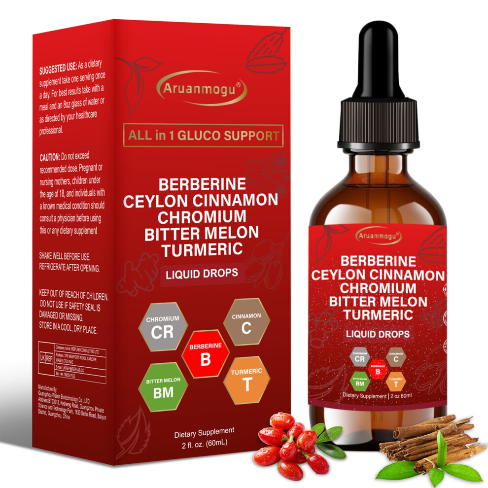 Aruanmogu 60Ml Berberine With Ceylon Cinnamon Supplement Liquid Drops + Bitter Melon Extract, Glucomannan, Gymnema, Chromium, Turmeric, Panax Ginseng