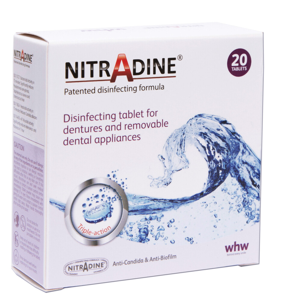 Nitradine - 20 Tablets For Cleaning & Disinfecting Dentures & Orthodontic Dental Appliances - 10 Weeks Supply