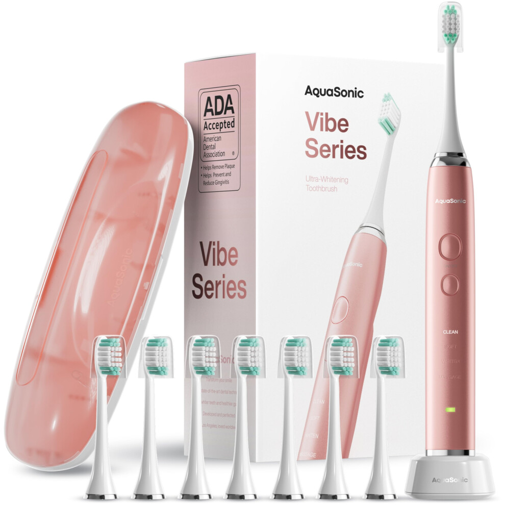 Aquasonic Vibe Series Ultra-Whitening Electric Toothbrush | Ada Accepted Toothbrush, 8 Brush Heads & Travel Case, 40,000 Vpm Motor & Wireless Chargin
