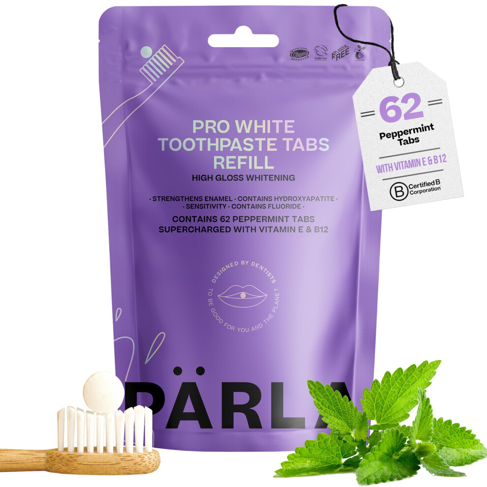 PãRla Pro Whitening Toothpaste Tablets With Fluoride & Hydroxyapatite - Enamel Protection For Sensitive Teeth - With Vitamins B12 & E - Refill 62S