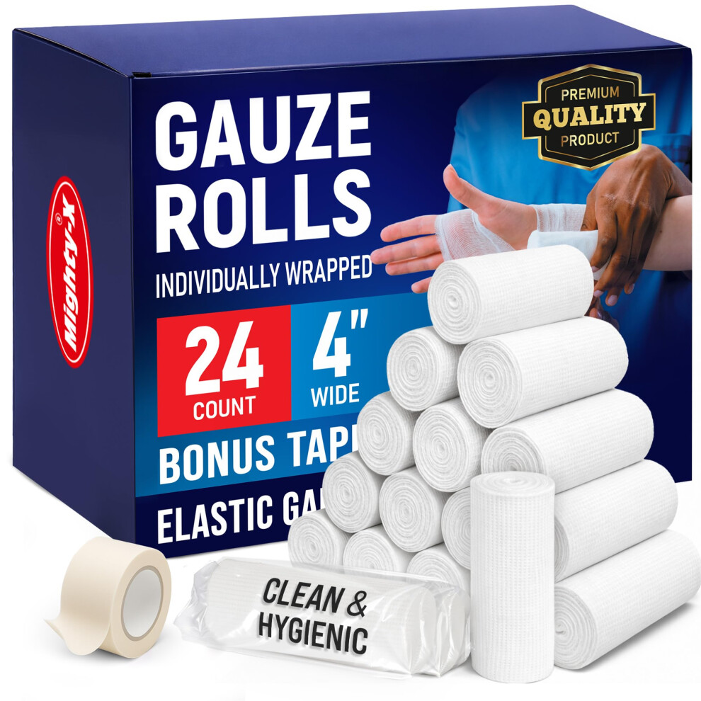 Mighty-X Premium Conforming Bandage - 24 Gauze Rolls - 10Cm X 3.7M - Soft And Breathable - Latex-Free Individually Wrapped Medical Bandages - First Aid Confor