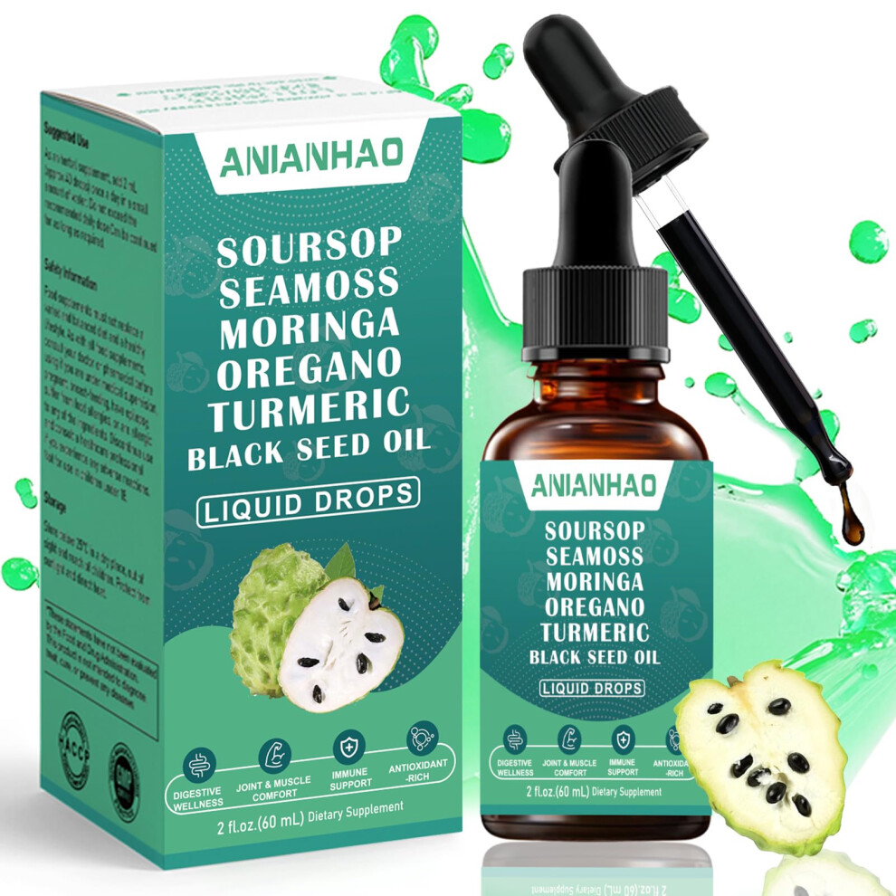 Anianhao Black Soursop, For Immune Support, Gut Health, Soursop Bitters Liquid Drops, With Sea Moss, Moringa, Turmeric, Seed Oil, Oregano, Ashwagandha | Herba
