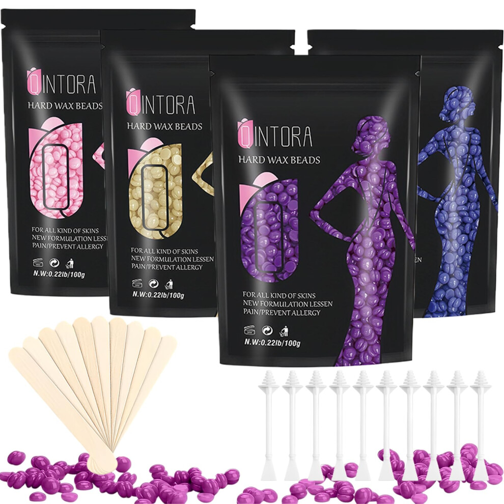 Qintora Hard Wax Beads For Hair Removal, 400G Stripless Wax Beads For Body, Brazilian Bikini Face Legs Eyebrow, Hot Waxing Beads With 10 Applicators