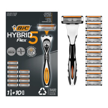 BIC Hybrid 5 Flex Refillable Men's Razor, 1 Weighted Handle and 10 Nano-Tech Tit