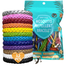 Mosquito Repellent Bracelet 12 Pack, Adjustable Leather Deet-Free Natural Insect Mosquito Bands for Kids Adult Outdoor Camping Fishing Traveling