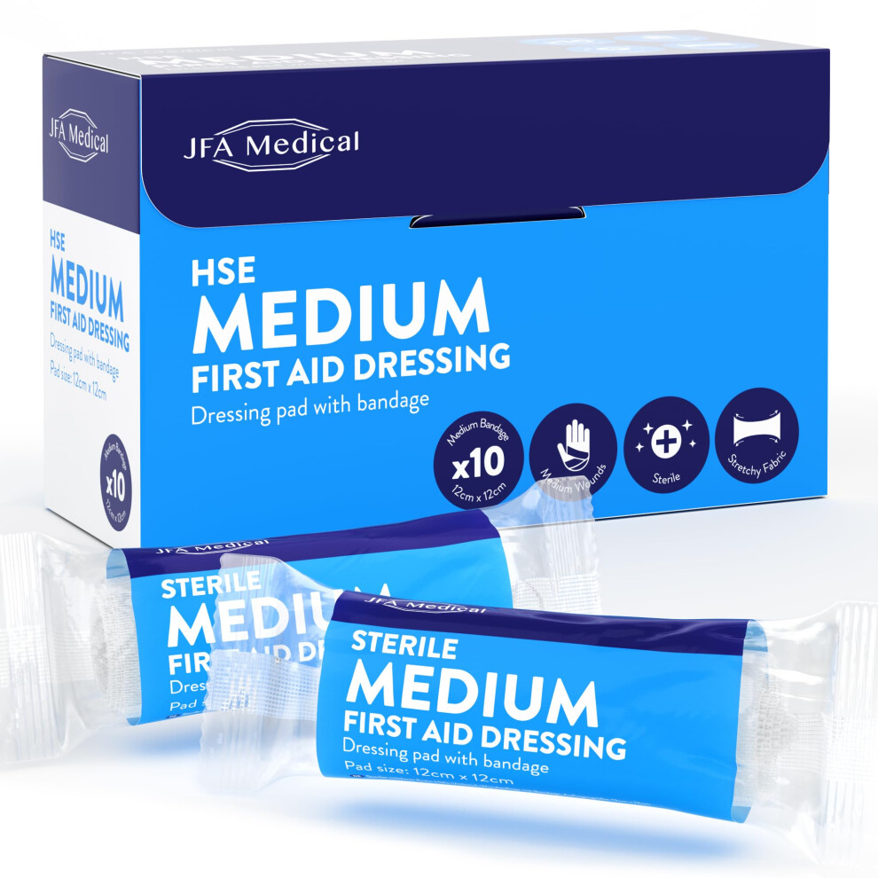 Jfa Medical Hse Medium Sterile First Aid Wound Dressing Bandage With Pad 12 X 12Cm - Pack Of 10 Bandages