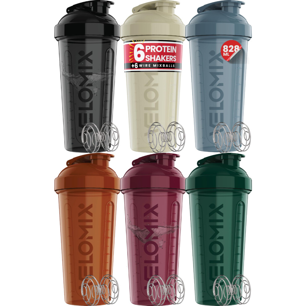 Velomix -6 Pack- 828Ml Protein Shaker Bottle -6X Wire Mixball | Leak Proof Shaker For Protein Shakes | Large, Stackable Protein Shake Bottle | Dishwa