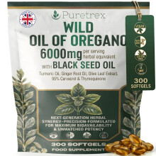 PURETREX Wild Oregano Oil 300 Softgels – Made in UK 6000mg with 95% Carvacrol, Black Seed Oil, Turmeric & Ginger, High Potency Herbal Formula for Im