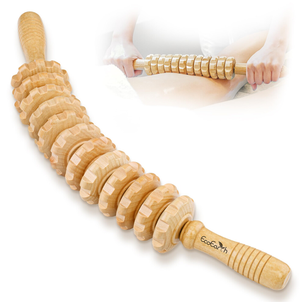 Ecoearth - Wooden Massage Roller Stick - Curved Wood Therapy Massage Tool For Body Sculpting, Myofascial Release & Lymphatic Drainage - Maderoterapia