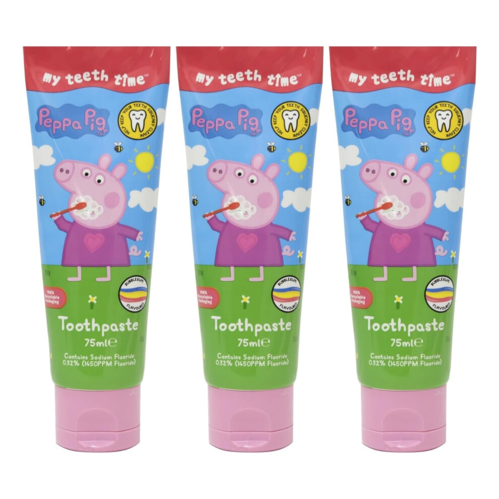 Peppa Pig My Teeth Time Toothpaste, Kids Toothpaste, Dental Care For 3-8 Year Olds Bubble Gum Flavour, Rainbow Striped, 3 X 75Ml