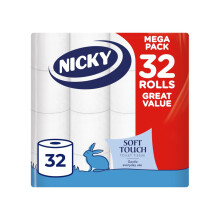 Nicky Soft Touch Toilet Tissue - 32 Rolls of Extra Gentle White Toilet Paper, 190 Sheets per Roll, 2-ply, Soft Tissue, Modern Embossing, Easy Opening