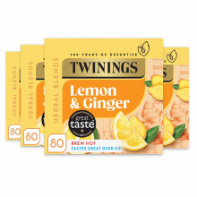 Twinings Lemon and Ginger Flavoured Tea -320 Biodegradable Bags (Multipack of 4 x 80), Caffeine-Free Herbal Tea with Zesty Lemon & Spicy Ginger Flavo