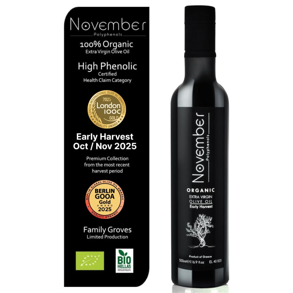 November Polyphenols Olive Oil Extra Virgin - Organic High Phenolic Evoo Â Early Harvest Â Lab Certified +1200Mg/Kg High Polyphenol Â Cold Press