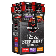 Jack Links - Beef Jerky - Mixed Flavour Dried Meat Snack - Box of 12 x 25g - High Protein Snacks for Gym, Fitness, Outdoor, Hiking - American Food