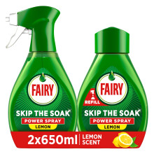Fairy Skip the Soak Dish Power Spray + Refill Lemon 2 x 650 ml, Pre-Treatment Spray for Dishes & Kitchen, Effective on 100% Grease