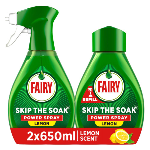 Fairy Fairy Skip the Soak Dish Spray Kit, Lemon, 1.3L (650ml Spray +