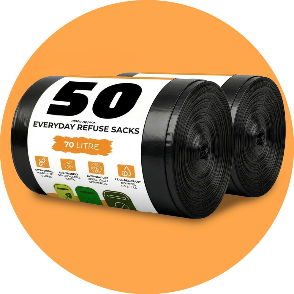 Roe Tenpo Black 100 Pack Bin Bags - 70L, 30 Microns Bin Liners, Strong & Durable, Tear Resistant Refuse Sack, Bin Bags For Everyday Use, Household &