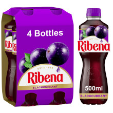 Ribena Blackcurrant Juice Drink 500ml - Multipack of 4 | Real Fruit | Rich In Vitamin C | No Artificial Colours or flavous | Fruity Refreshment