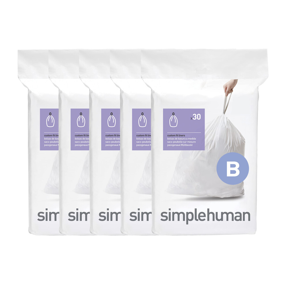 Simplehuman White Code B 150 Count, Genuine Custom Fit Liners, Drawstring Trash Bags In Dispenser Packs, 6 Liter / 1.6 Gallon,