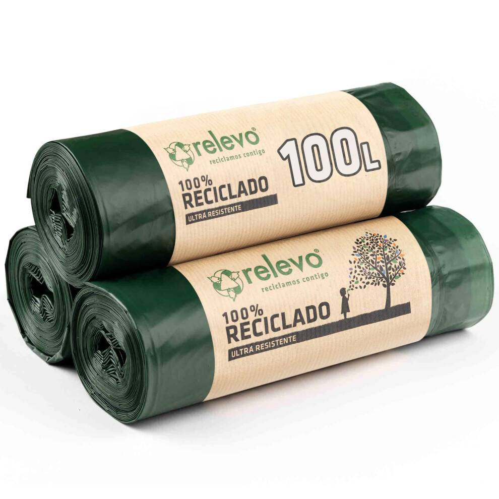 Relevo 100L Bin Bags Â Made From 100% Recycled Material & Can Be Used As Recycling Bags. Dimensions: 85 Cm X 105 Cm. Includes 30 Bin Liners 100L