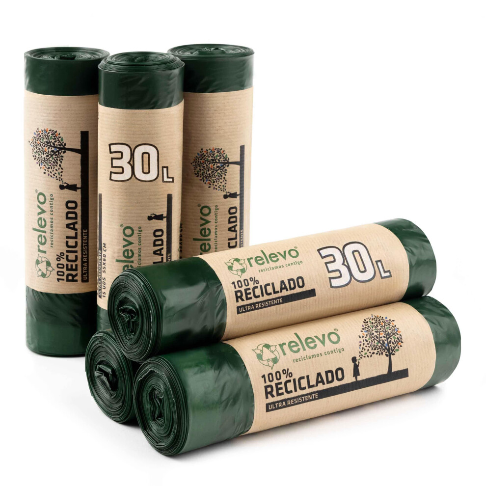 Relevo Green 30 Litre Bin Bags Â Made From 100% Recycled Material. Bin Bags 30L Â 55 Cm X 60 Cm. Includes 90 Units Of 30L Bin Liners With Drawstri