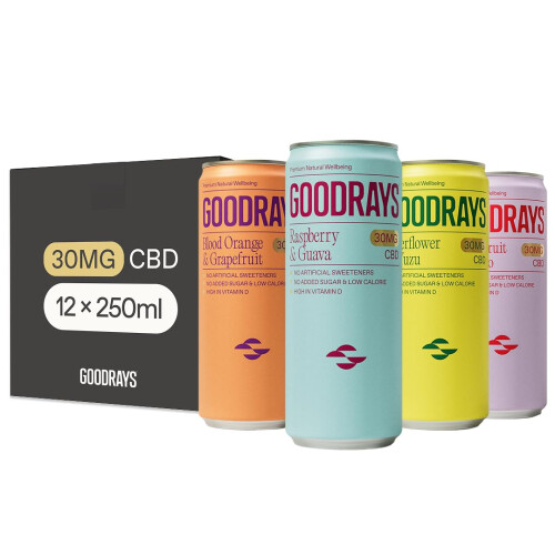 GOODRAYS CBD Drinks, Sparkling Low Calorie Soft Drink, Vegan, 4