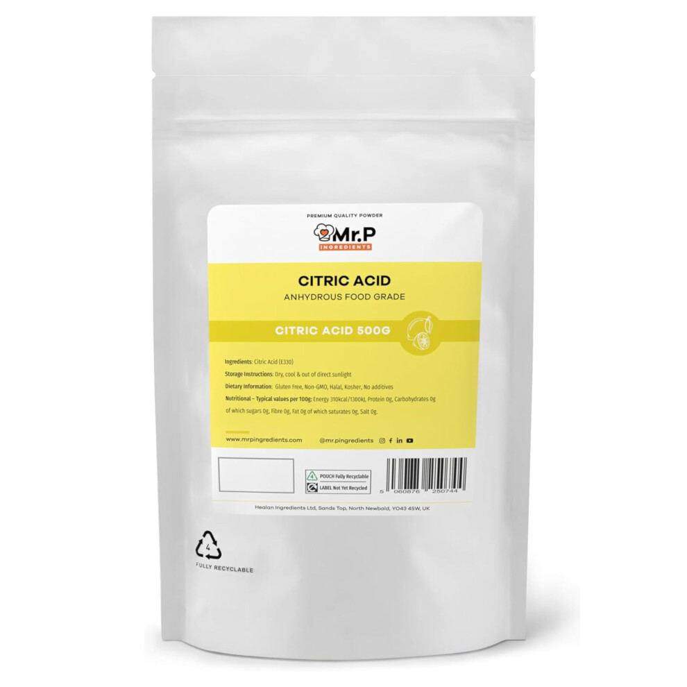 Mr.p Ingredients Citric Acid 500G Anhydrous Food Grade Gluten Free Non-Gmo Halal Kosher No Additives Resealable Pouche