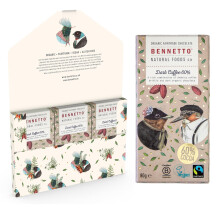 Dark Coffee Rich Arabica coffee in dark chocolate. Strong yet balanced. 60% cocoa. Certified organic, Fairtrade, and net climate positive. Beautiful