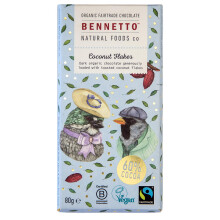 Coconut Flakes Dark organic chocolate loaded with toasted coconut flakes. 60% cocoa. Certified organic, Fairtrade, and net climate positive. Beautifu