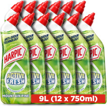 Harpic Active Fresh Toilet Cleaning Gel, Mountain Pine, 750ml (12 x 750ml, Total 9.0L), with Essential Oils, Anti-odour, Toilet Cleaner, Kills 99.9%