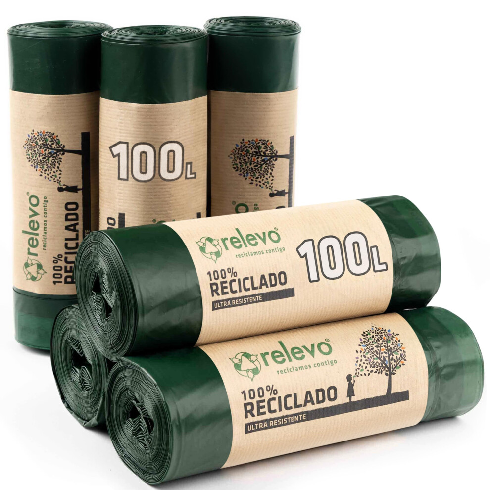 Relevo 100L Bin Bags Â Made From 100% Recycled Material. Extra Large Bin Bags. Dimensions: 85 Cm X 105 Cm. Includes 60 Bin Liners 100L