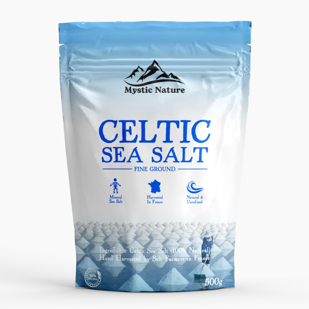 Mystic Nature Celtic Sea Salt - 500G | Fine Ground | 100% Natural Unrefined Mineral Rich Celtic Salt Crystals From France | Rich In Magnesium Calcium