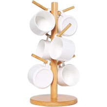 Houten bekerhouder, koffiebekerrek, theekopjesstandaard voor op tafel, bekerhouder met 6 haken voor op het aanrecht.
