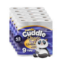 Panda Cuddle 3‑Ply Quilted Toilet Paper – Luxuriously Soft, Gentle and Hypoallergenic Sustainable Toilet Rolls- Family Value Pack of 45 Rolls, Sus