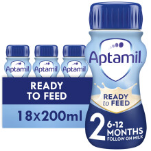 Aptamil 2 Follow On Baby Milk Ready To Use Liquid Formula, White, 6-12 Months, 200 ml, (Pack Of 18)