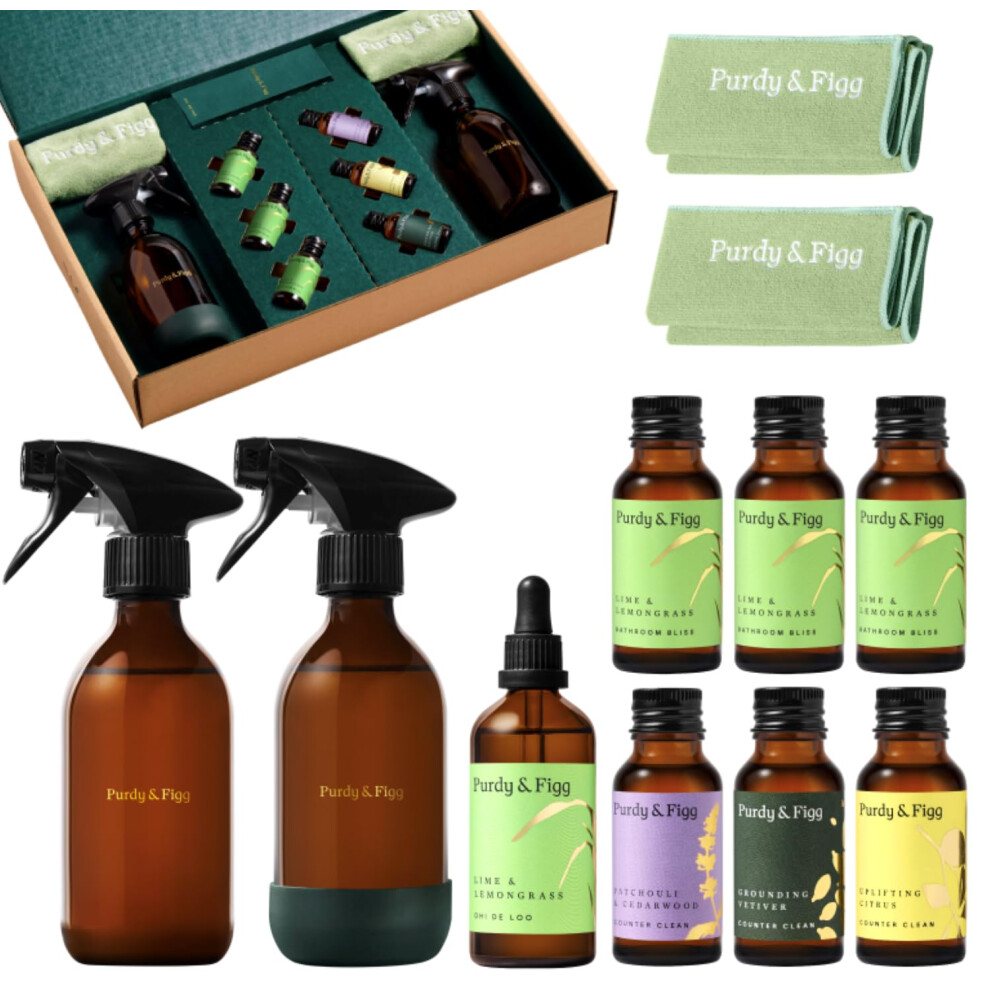 Purdy & Figg | Complete Starter Kit | 3 Counter Clean Cleaning Refills | 3 Bathroom Bliss Refills | 2 Refillable Glass Bottles For Life | 2 Premium M