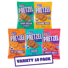 Olly's Pretzel Thins, New Variety Pack, 35g (Pack of 10), x2 Salted, x2 Sesame Seed, x2 Sour Cream, x2 Sweet Chilli x2 Cheesy, Low Calorie Snacks