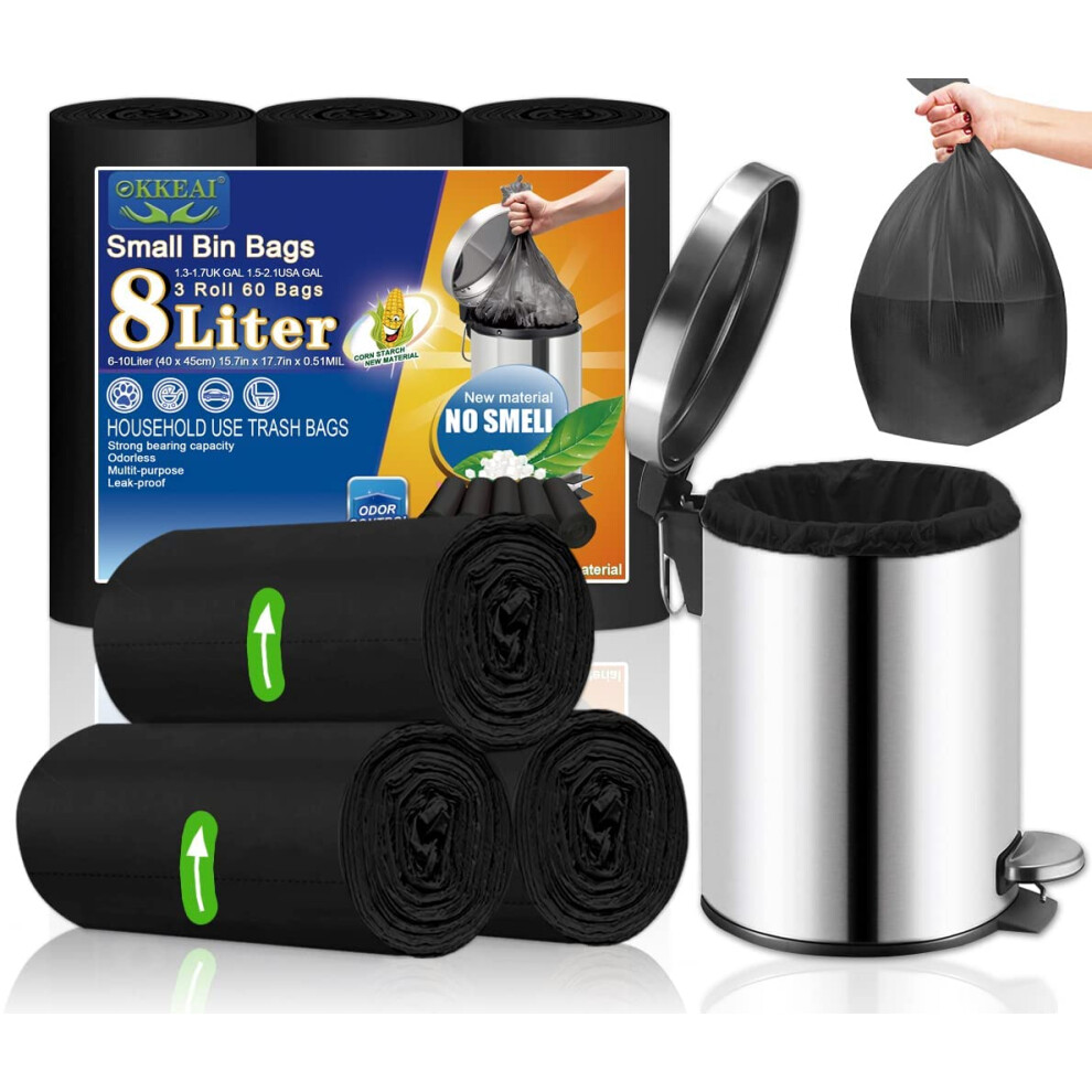 Okkeai Black Bathroom Bin Liners Small Bin Bags Pedal Waste Bags 8L Mini Garbage Bags 60 Counts Plastic Trash Bags For Toilet,Bedroom,Kitchen,Office,