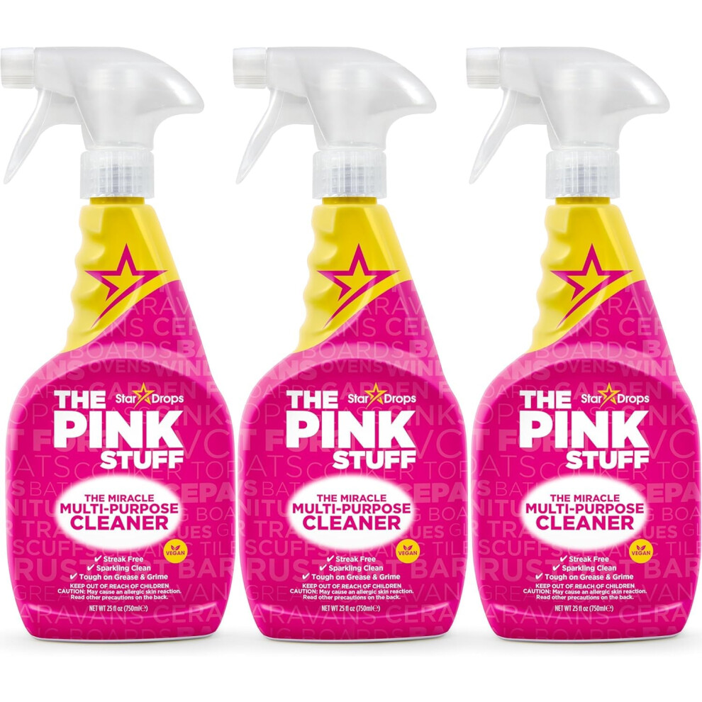 Stardrops The Stuff Miracle Multi-Purpose Cleaner Triple Pack– Removes Grease, Grime, And Stains On Kitchens, Bathrooms, Floors, And More - 3X 750Ml Bott Pink