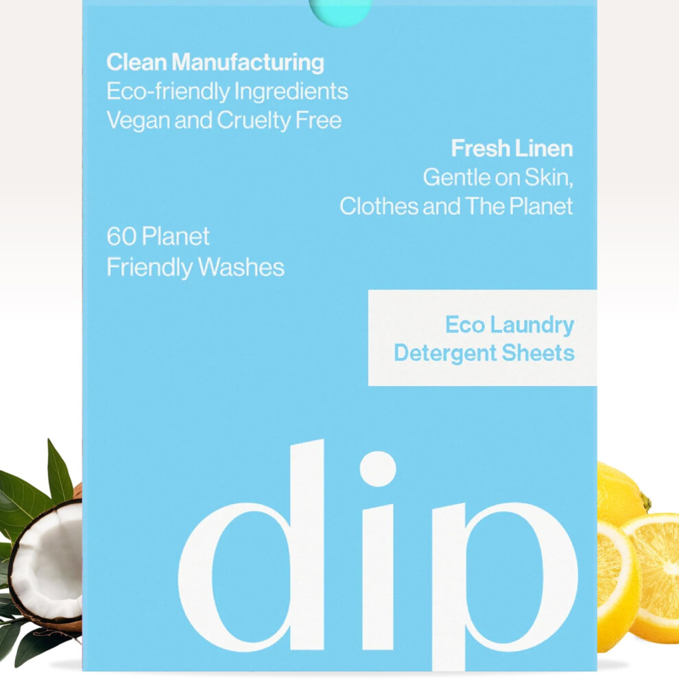 Dip Eco-Friendly Laundry Sheets Detergent | Plant Based, Plastic Free & Zero Waste | Perfect For Sensitive Skin | Fresh Linen | 60 Loads
