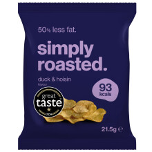Simply Roasted - Duck & Hoisin Crisps | 24 x 21.5g Impulse Bags | Rich & Savoury | 50% Less Fat | Under 99 Calories Per Serve | Triple Cooked for the
