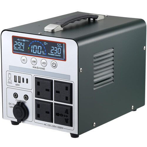 Power Station 1000W/666Wh, Mashine Portable Rechargeable Generator Inverter for Camping, RVs, Drones, Outdoor Lighting, with 4 AC Outlets and 4 USB P