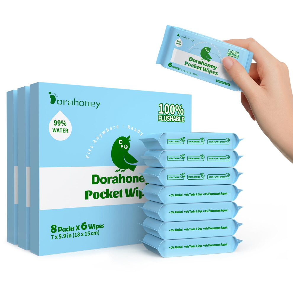 Dorahoney Mini Flushable Wet Wipes, Travel Size, 99% Water, Unscented & Hypoallergenic For Adults, Kids And Baby Care With Sensitive Skin - Pocket-Si