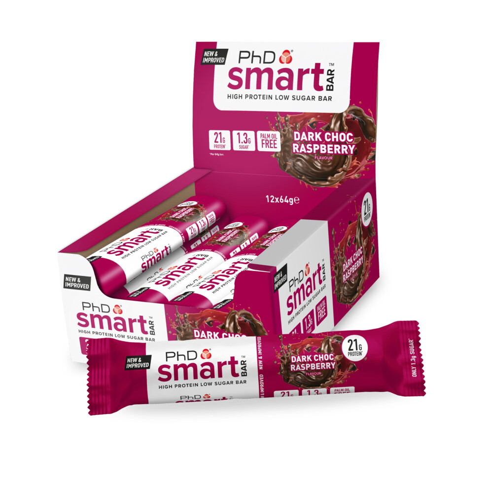 Phd Smart Hight Protein Bar Low Sugar, Nutritional Protein Bars/Protein Snacks, Chocolate Raspberry Flavour, 20G Of Protein, 64G Bar (12 Pack)