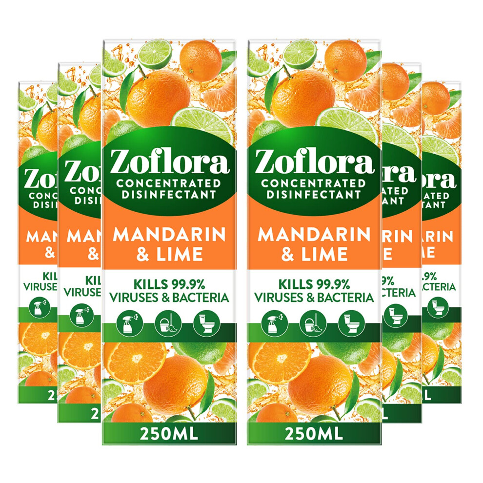Zoflora Mandarin & Lime 6Pc X 250Ml, Concentrated 3-In-1 Multipurpose Disinfectant Kills 99.9% Of Bacteria & Viruses