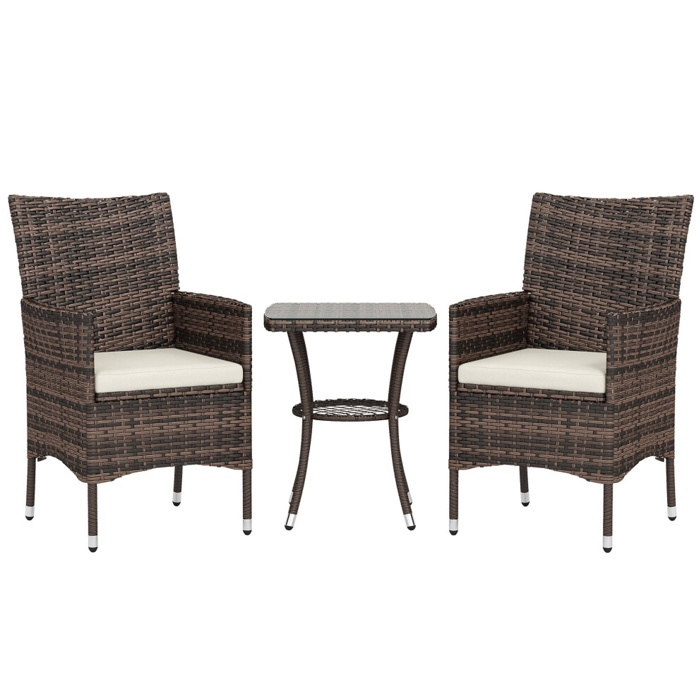 Outsunny 3 Pieces Rattan Bistro Set, Wicker Garden Furniture Set With 2-Tier Coffee Table And Chairs, Cushions, For Outdoor Patio Balcony, Brown