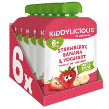 Kiddylicious Strawberry, Banana & Yoghurt Fruit Pouches - Suitable for 6+ Months - 6 Pack